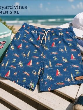 Vineyard Vines Swim Trunks Blue Coastal Nautical Print - Men’s XL